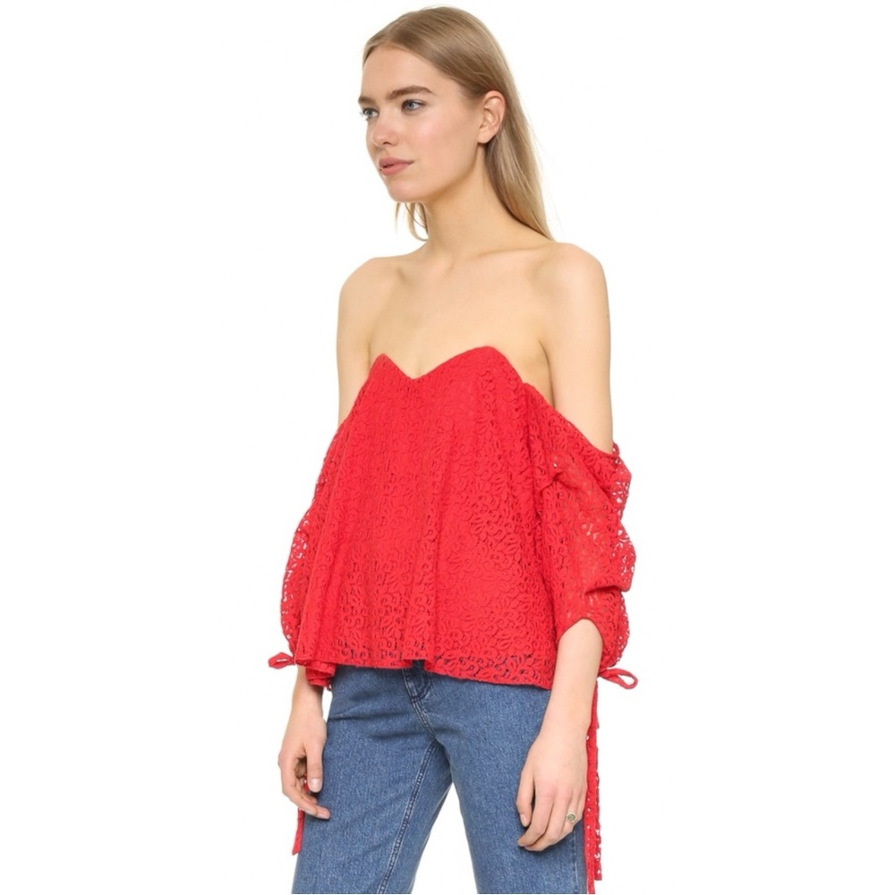 CAROLINE CONSTAS Gabriella Bright Red Off Shoulder Drop Shoulder Lace Top Blouse